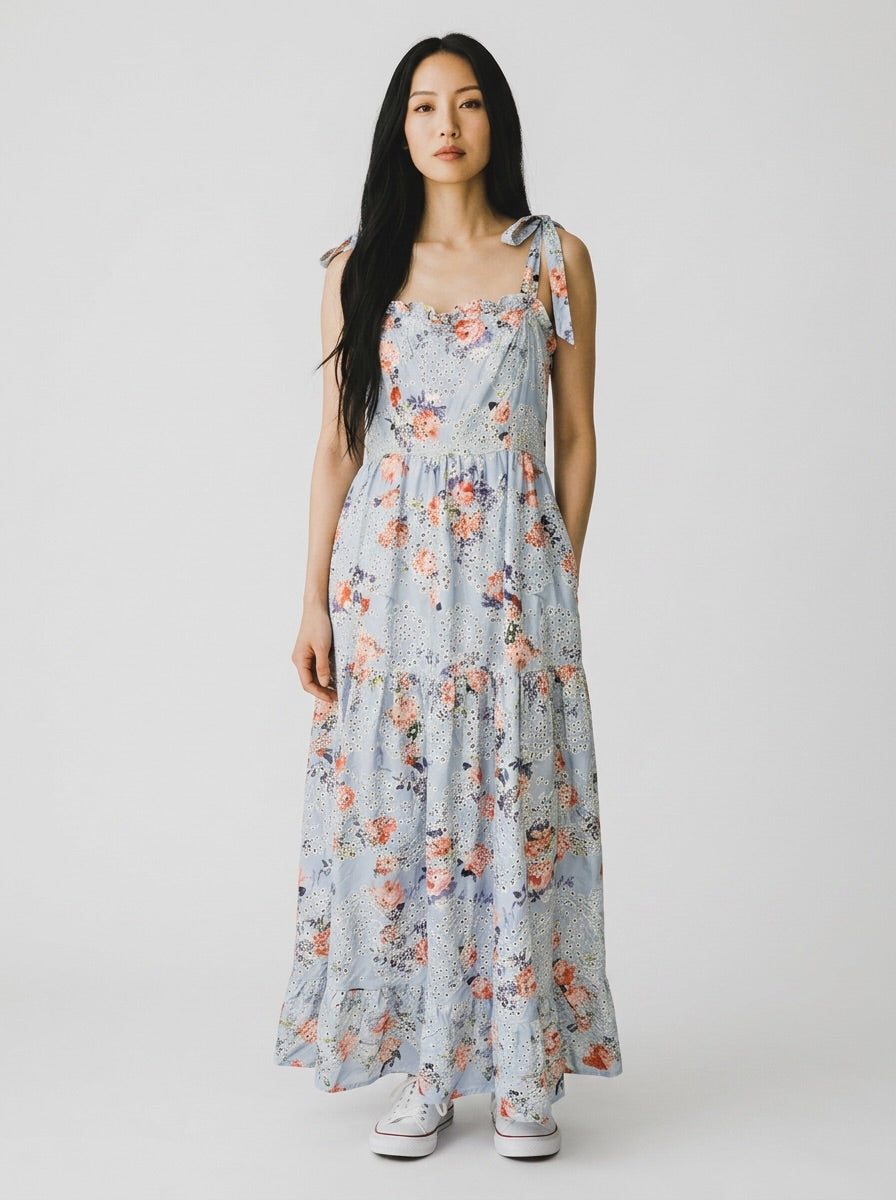 Dahlia & Sun Floral Eyelet Tiered Midi Dress size S