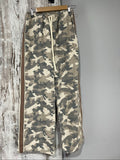 By Frankie beige and grey camo print wide-leg trousers with brown side stripes.