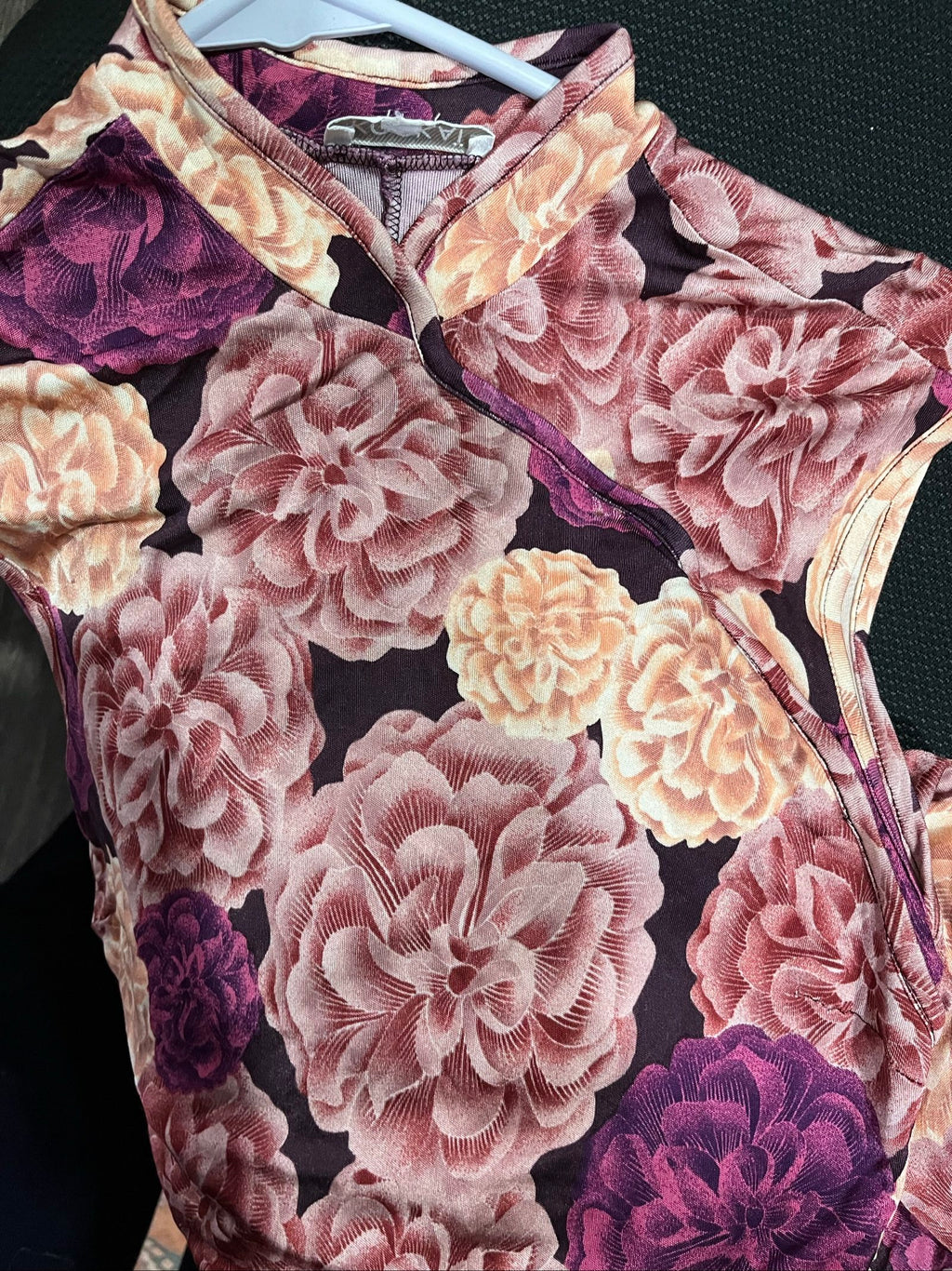 KOOKAÏ sleeveless mini dress pink purple beige large floral print asymmetrical neckline