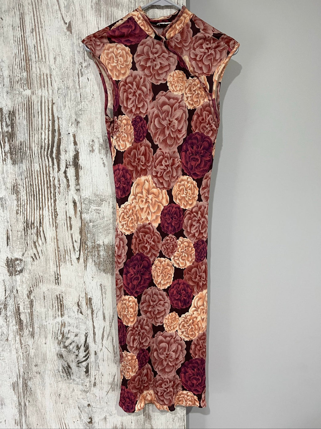KOOKAÏ sleeveless mini dress pink purple beige large floral print asymmetrical neckline