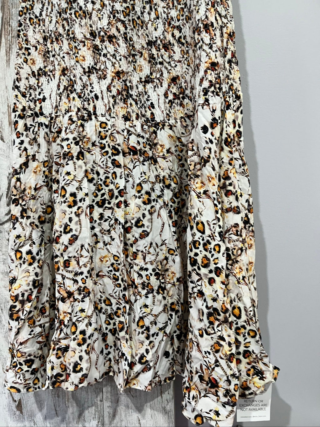 MLM casual long sleeve dress multi-coloured leopard print smocked bodice flowing hem