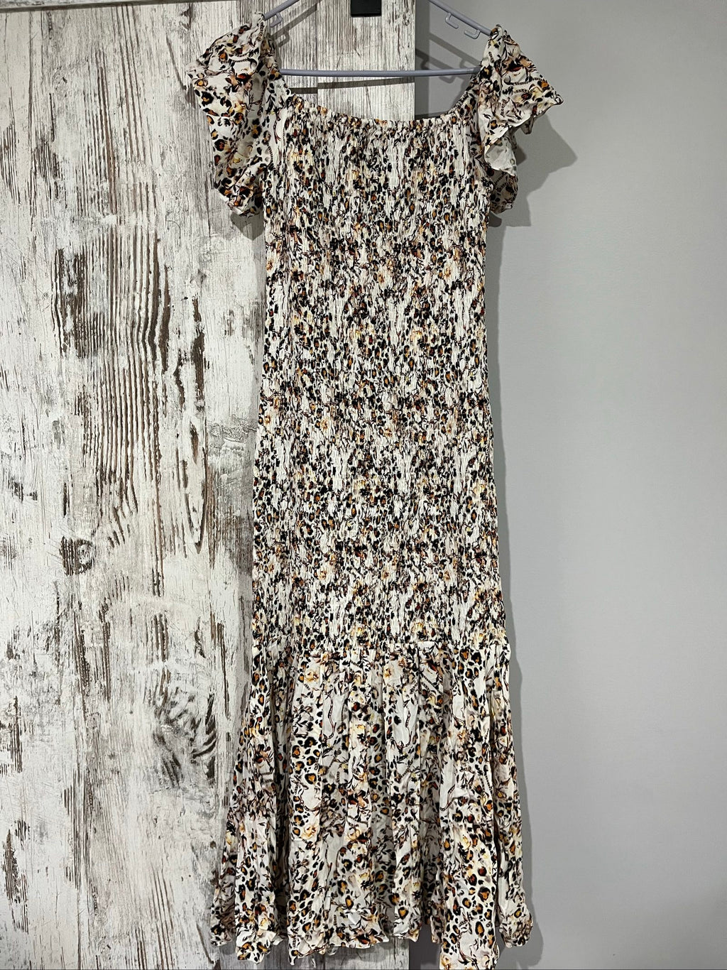 MLM casual long sleeve dress multi-coloured leopard print smocked bodice flowing hem