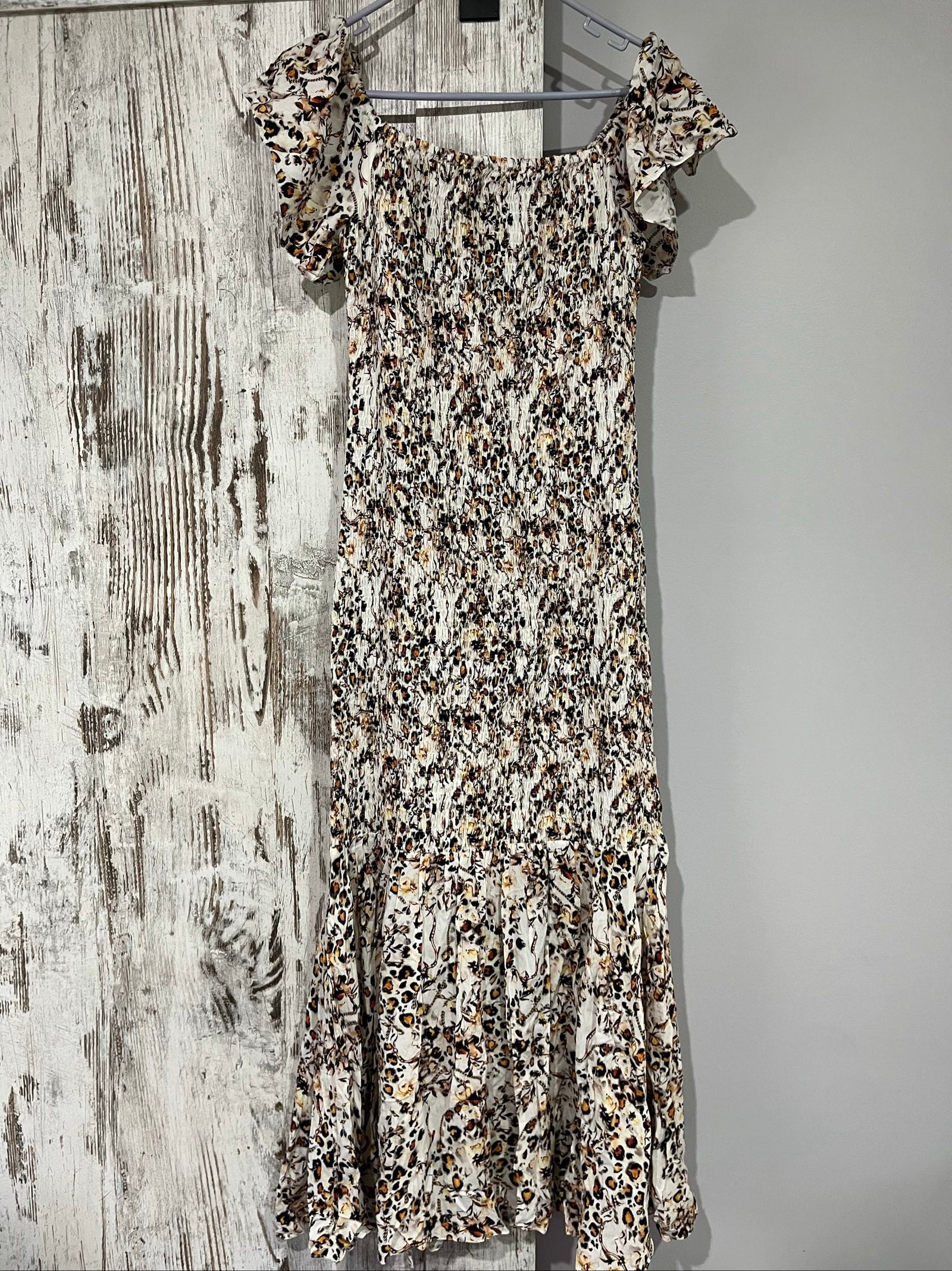 MLM casual long sleeve dress multi-coloured leopard print smocked bodice flowing hem