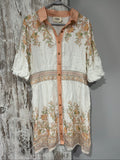 Mos green and white floral border print shirt dress with lace trims and gold-tone buttons.