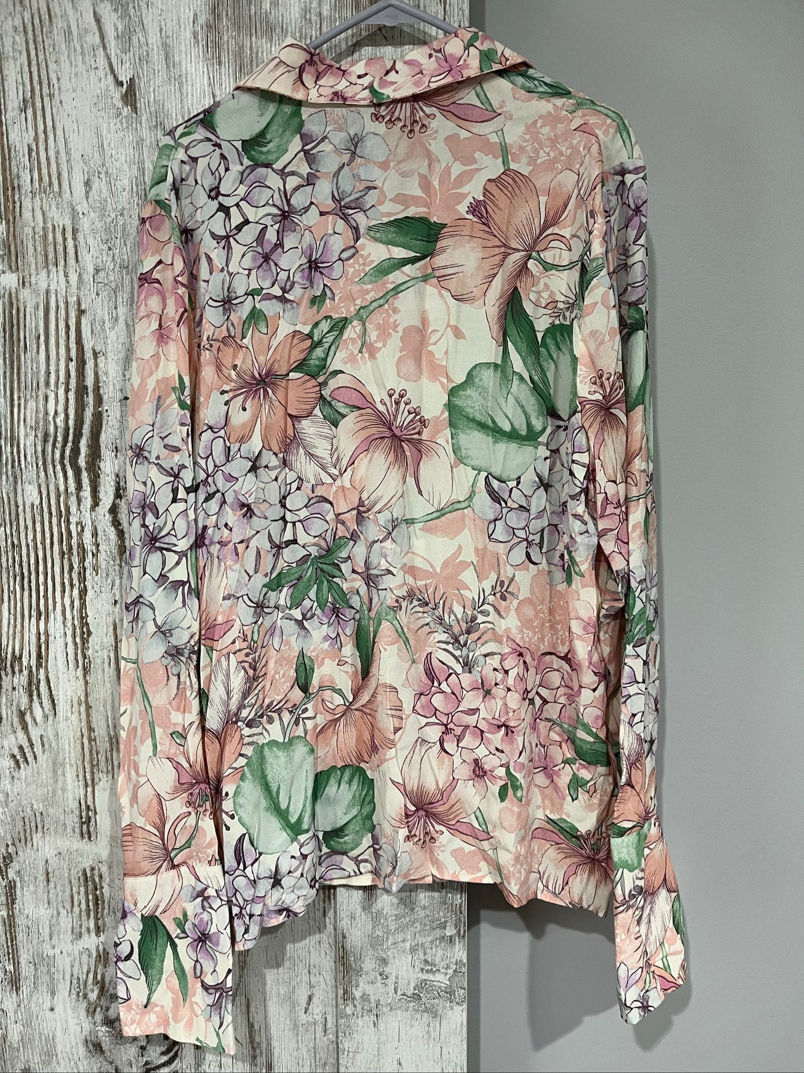 Alexandra Calafeteanu floral shirt green lilac pink large floral pattern soft fabric