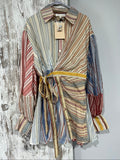 St Germain multicolour striped shirt dress beige blue red tie waist and buttoned cuffs.