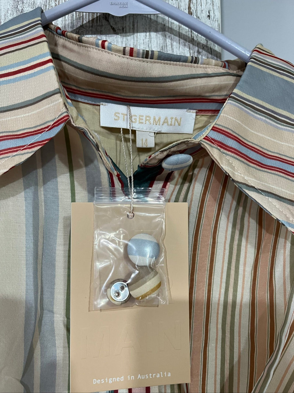 St Germain multicolour striped shirt dress beige blue red tie waist and buttoned cuffs.