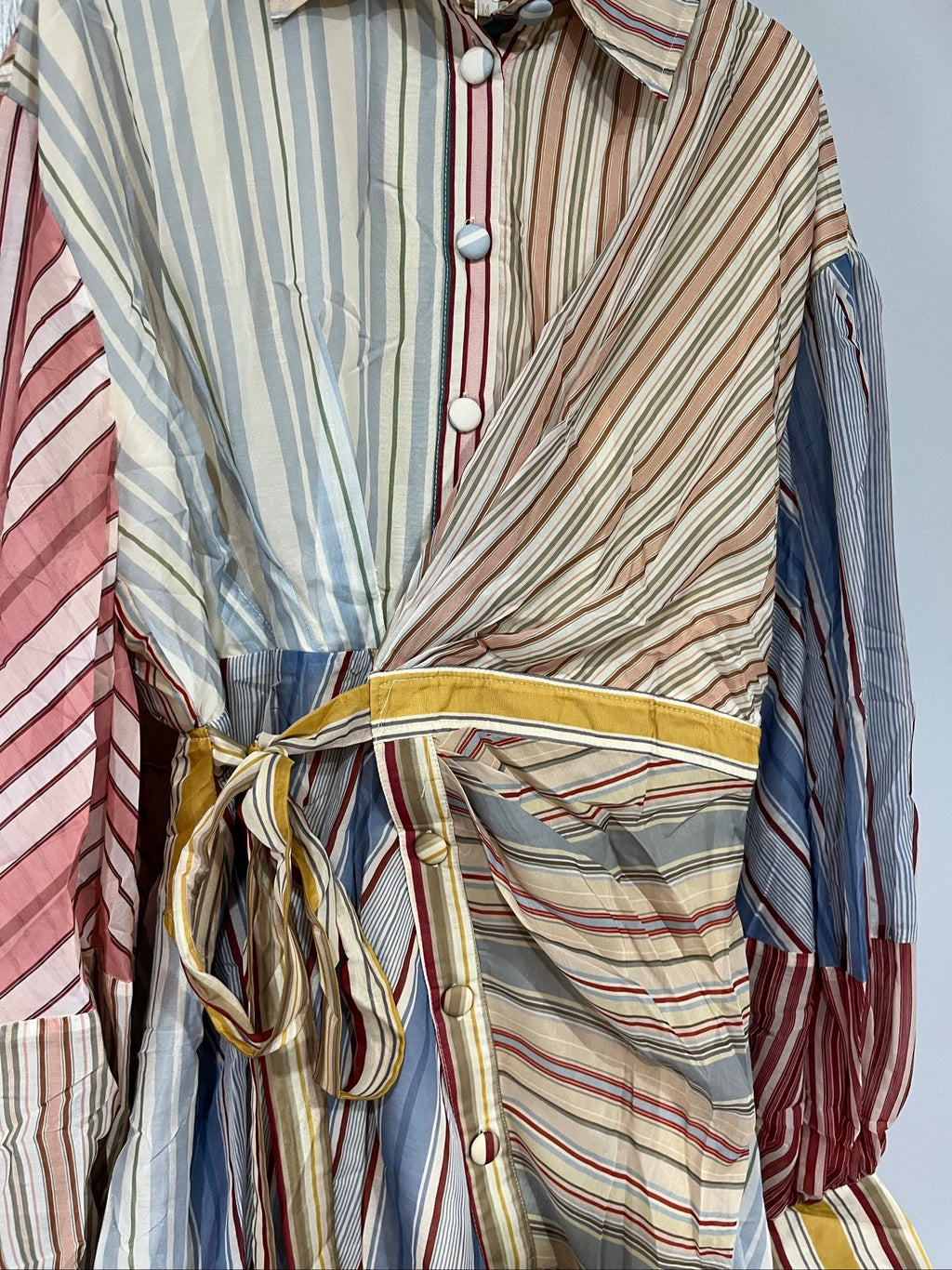 St Germain multicolour striped shirt dress beige blue red tie waist and buttoned cuffs.