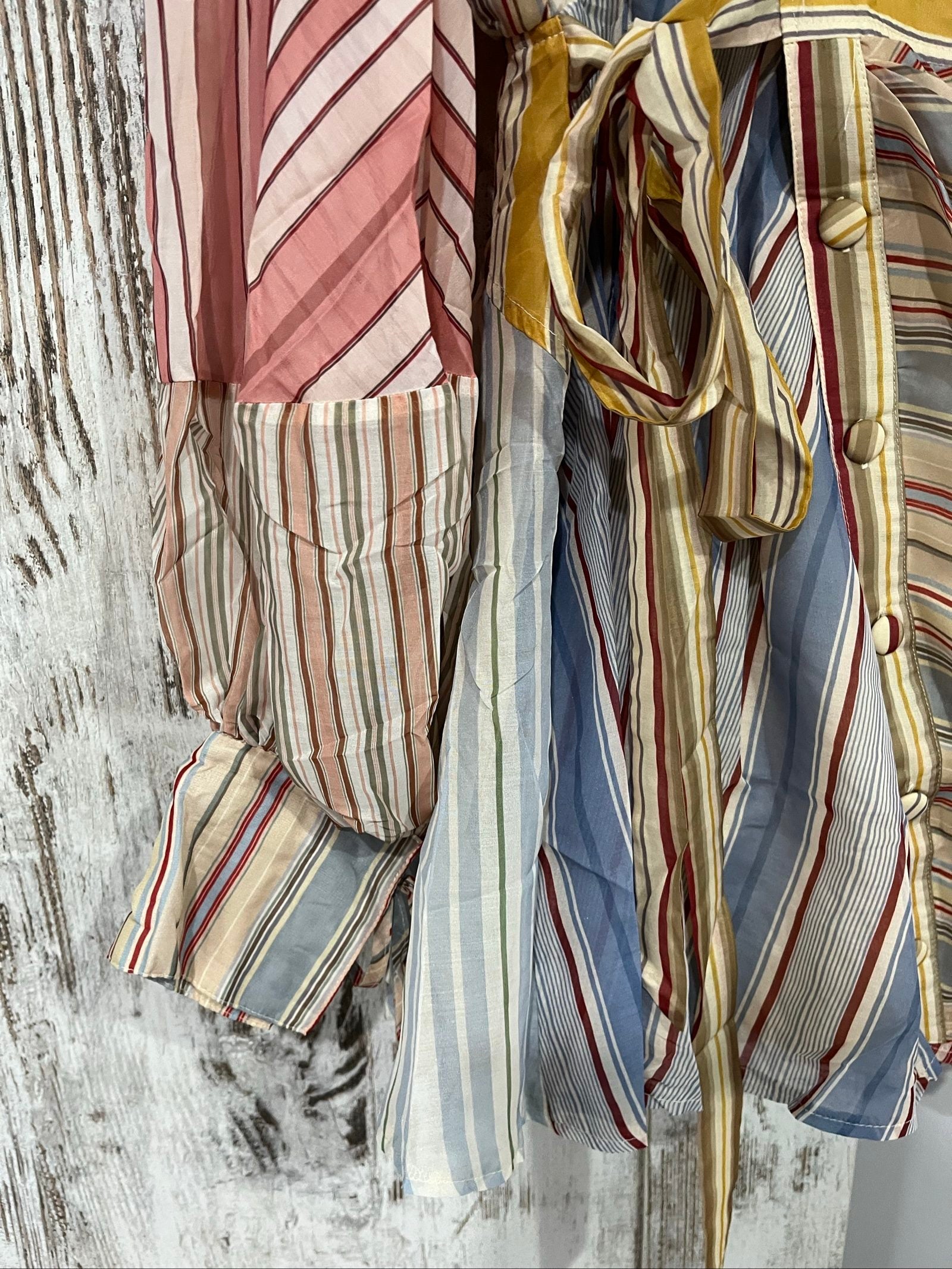 St Germain multicolour striped shirt dress beige blue red tie waist and buttoned cuffs.