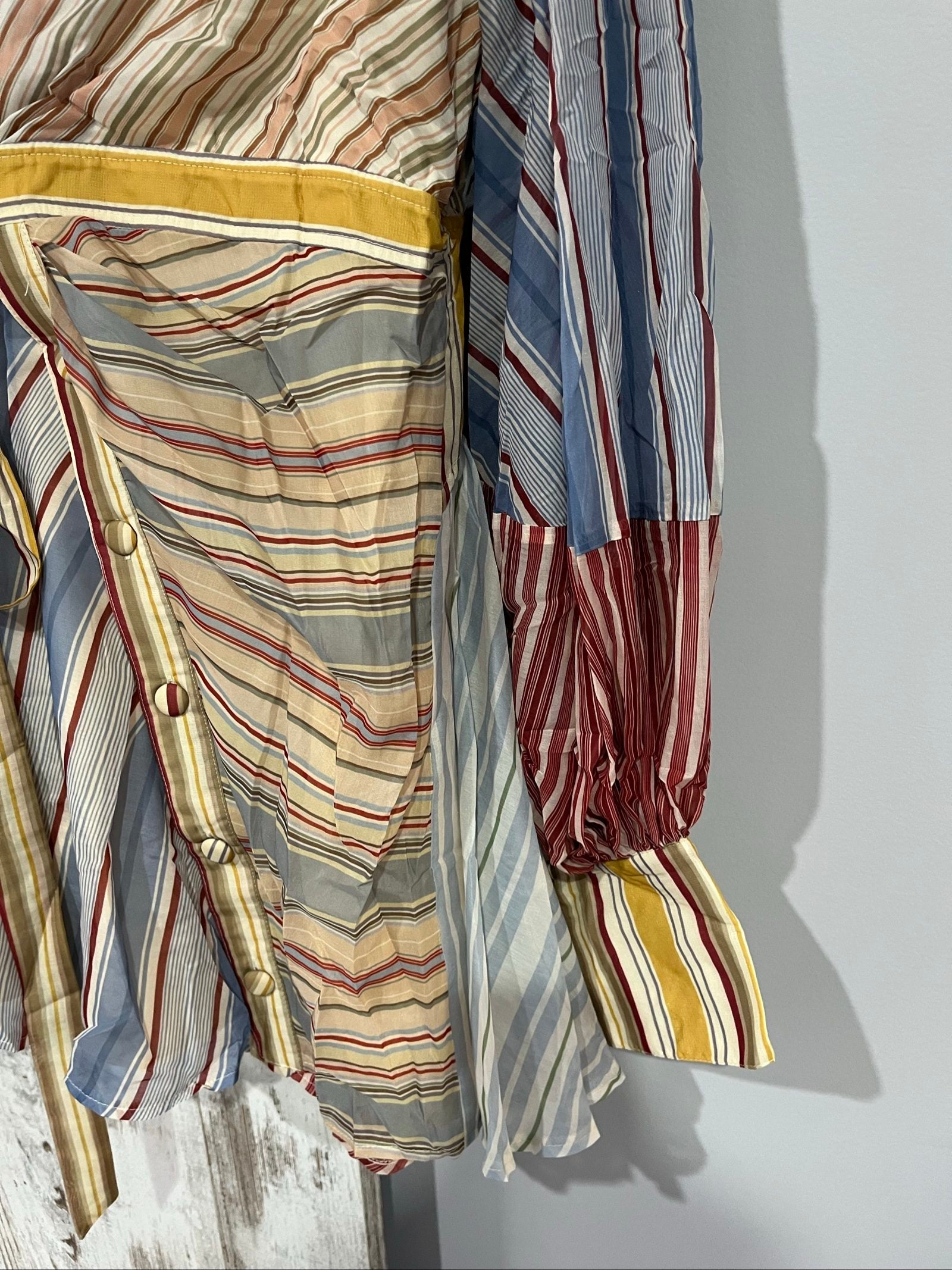 St Germain multicolour striped shirt dress beige blue red tie waist and buttoned cuffs.