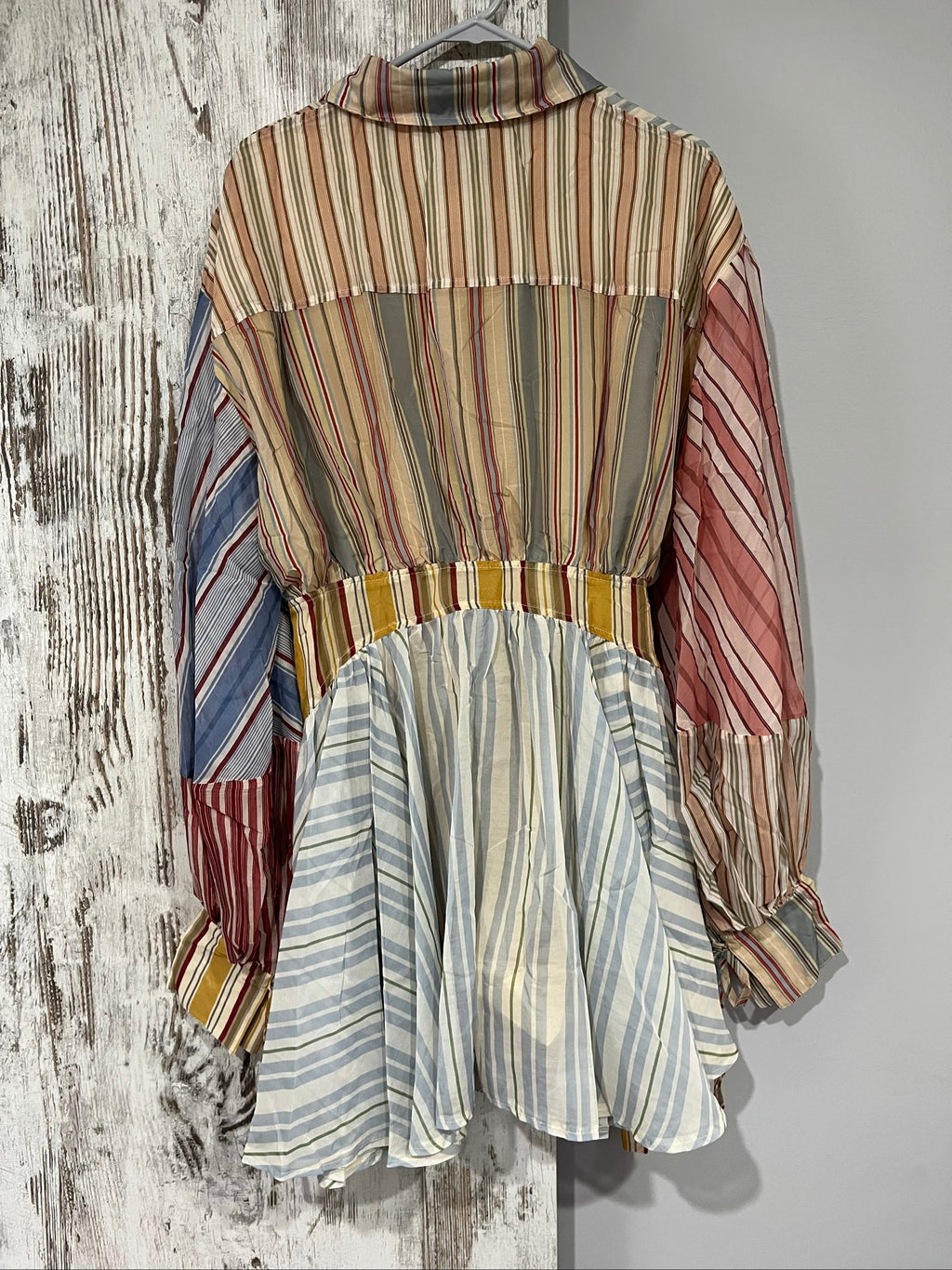 St Germain multicolour striped shirt dress beige blue red tie waist and buttoned cuffs.