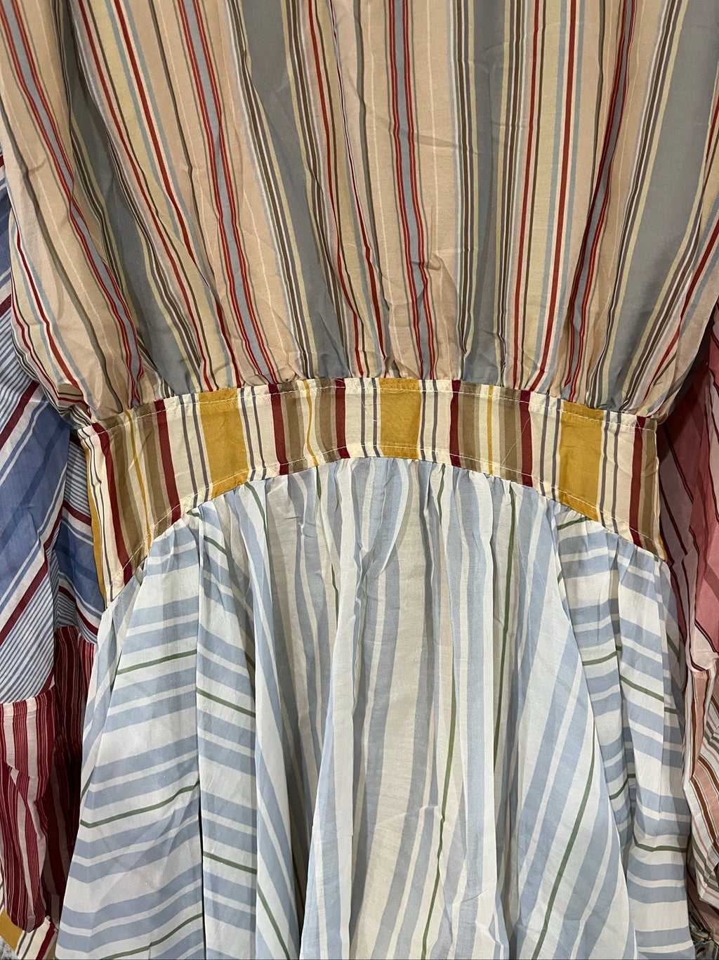 St Germain multicolour striped shirt dress beige blue red tie waist and buttoned cuffs.