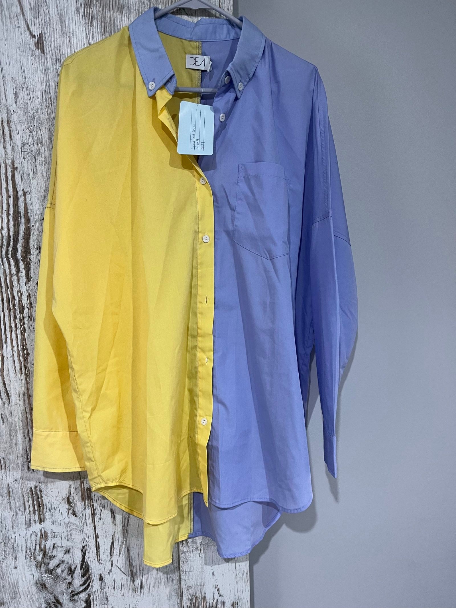 DEA colour block shirt blue and yellow with buttoned chest pocket and collar.