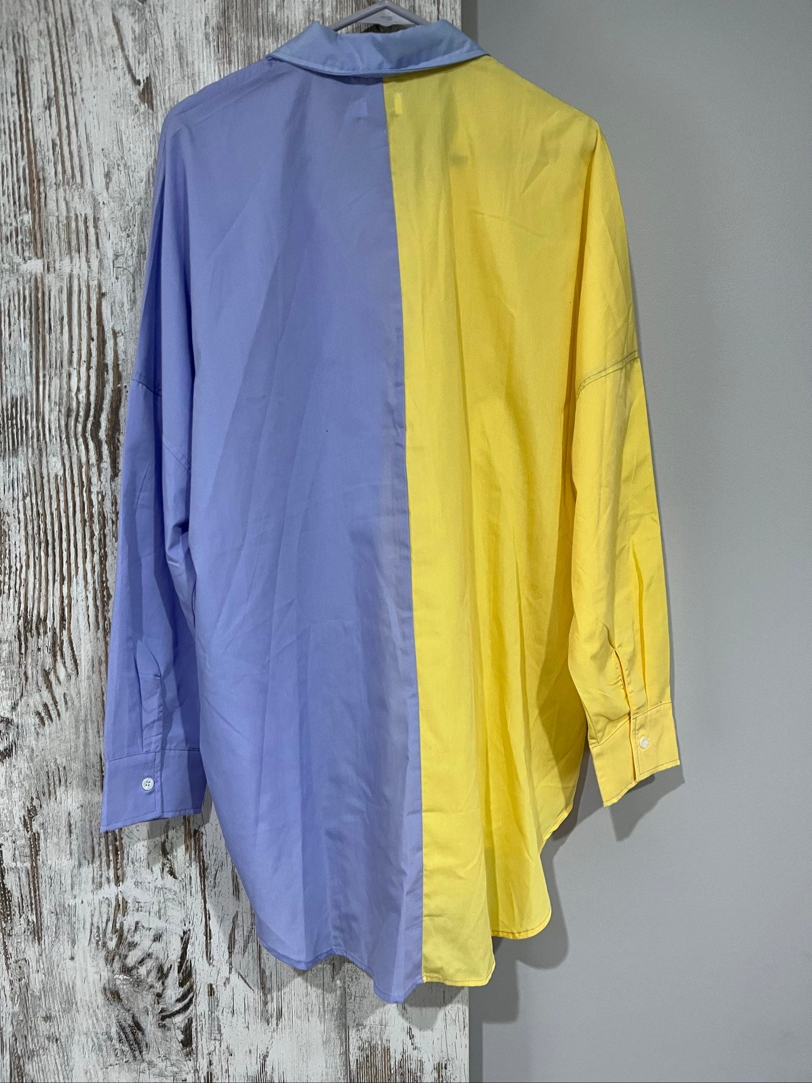 DEA colour block shirt blue and yellow with buttoned chest pocket and collar.