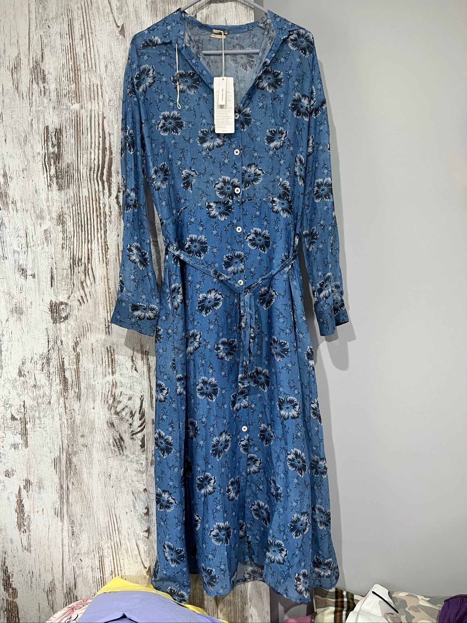 Massimo Alba blue floral dress cotton silk blend with belt and tags, made in Italy.
