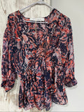 IRO sheer blouse multicolour floral print with v-neck, gathered waist, and silk material.