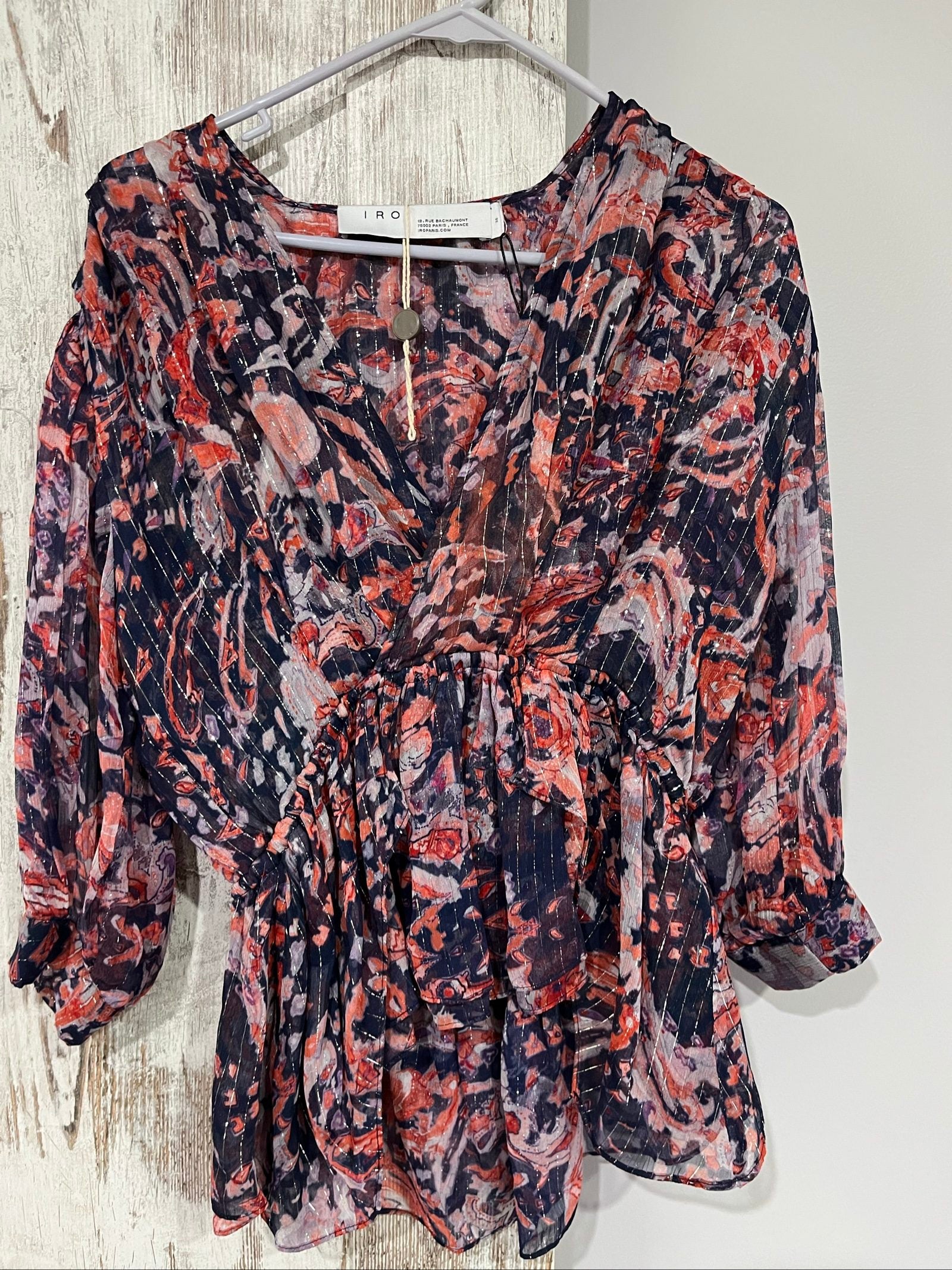 IRO sheer blouse multicolour floral print with v-neck, gathered waist, and silk material.