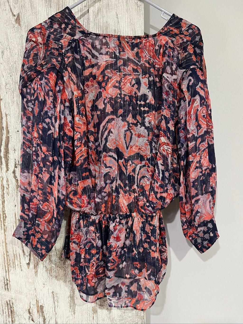 IRO sheer blouse multicolour floral print with v-neck, gathered waist, and silk material.