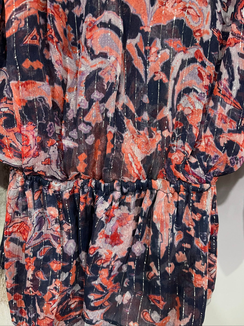 IRO sheer blouse multicolour floral print with v-neck, gathered waist, and silk material.