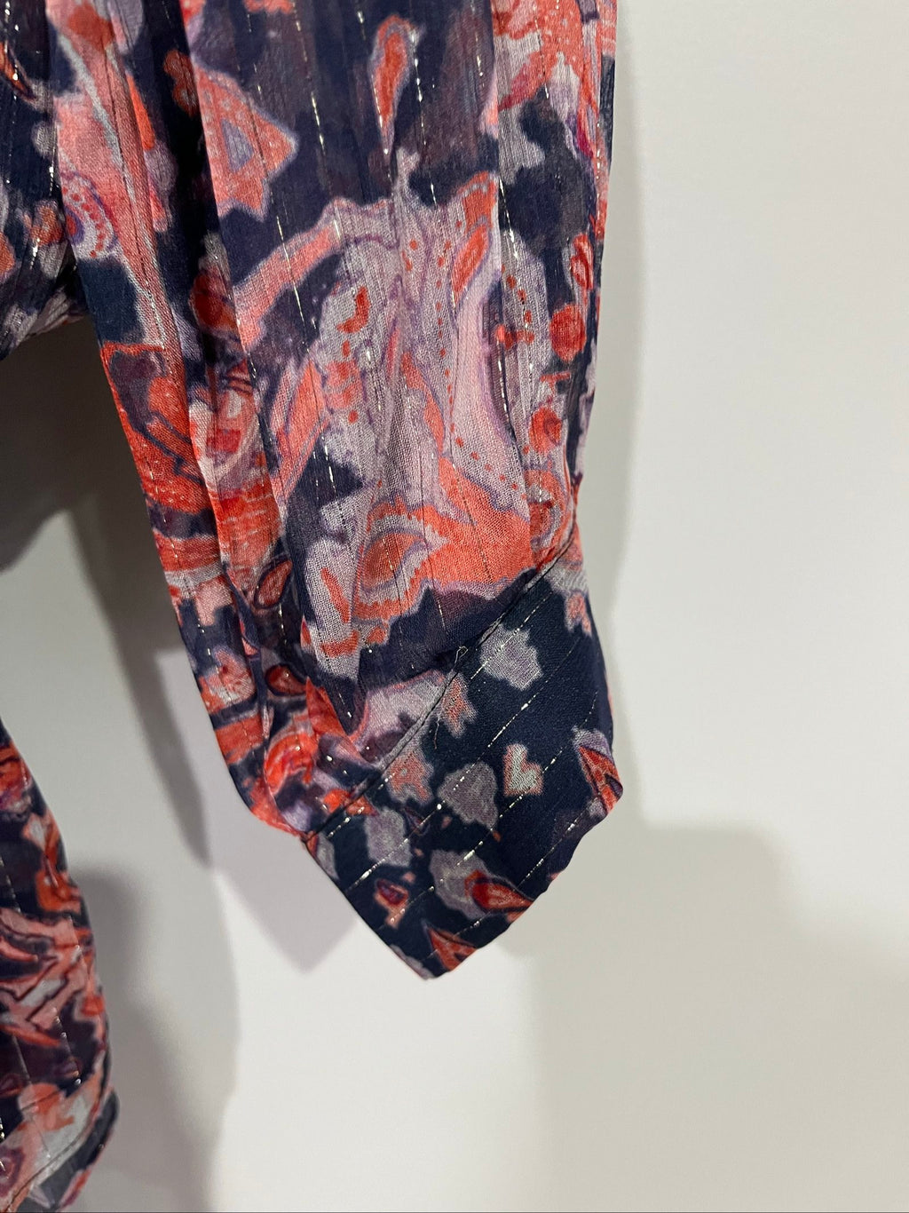 IRO sheer blouse multicolour floral print with v-neck, gathered waist, and silk material.