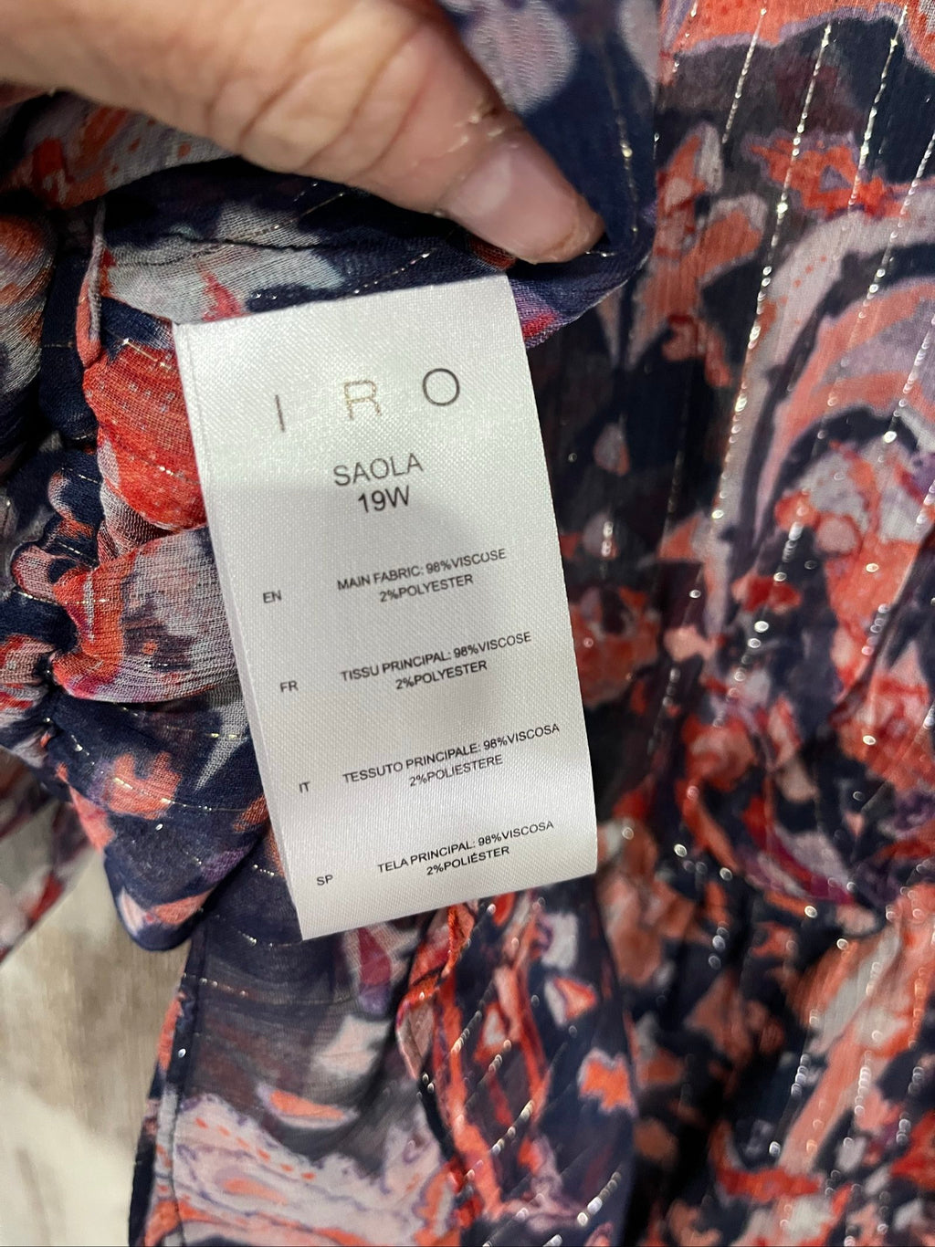 IRO sheer blouse multicolour floral print with v-neck, gathered waist, and silk material.