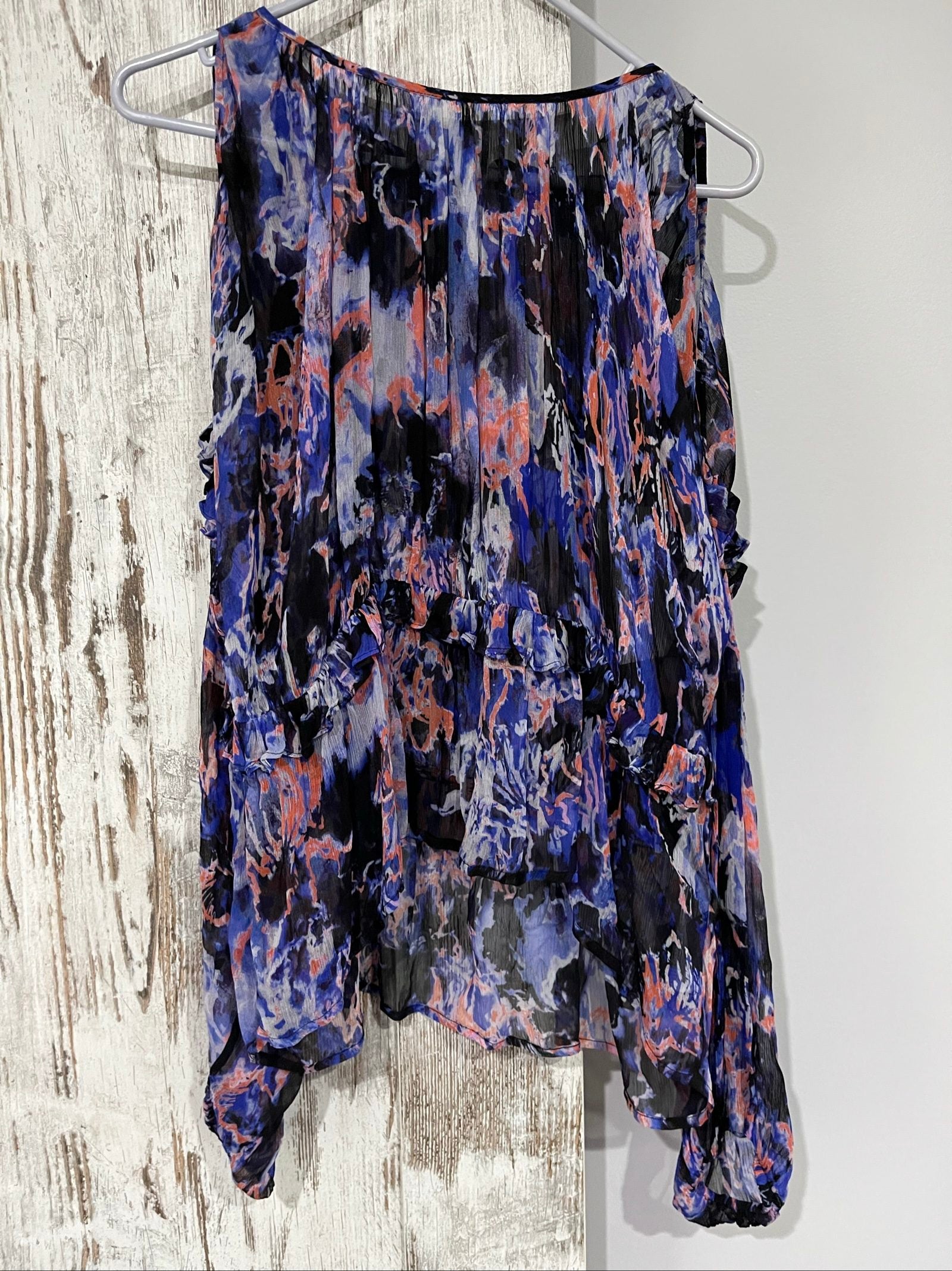 IRO sheer blouse multi-colour abstract print with puffed sleeves and ruffle detailing.