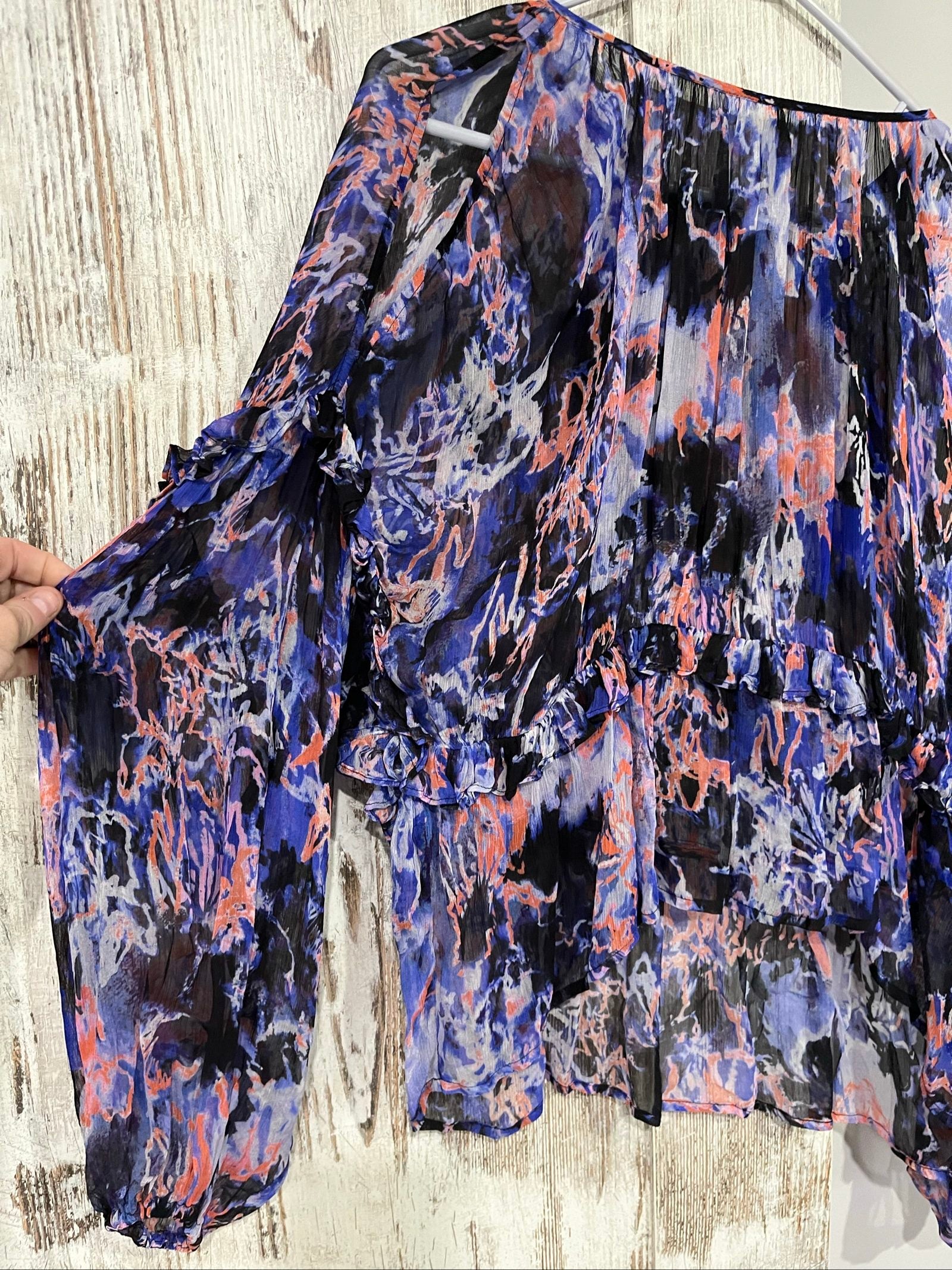 IRO sheer blouse multi-colour abstract print with puffed sleeves and ruffle detailing.