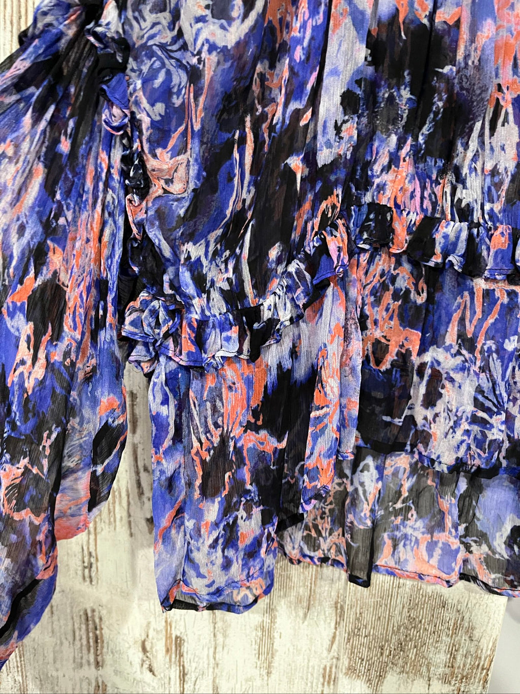 IRO sheer blouse multi-colour abstract print with puffed sleeves and ruffle detailing.