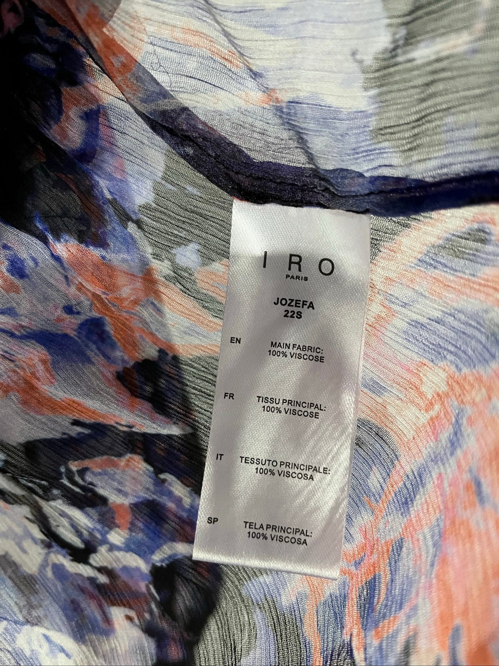 IRO sheer blouse multi-colour abstract print with puffed sleeves and ruffle detailing.