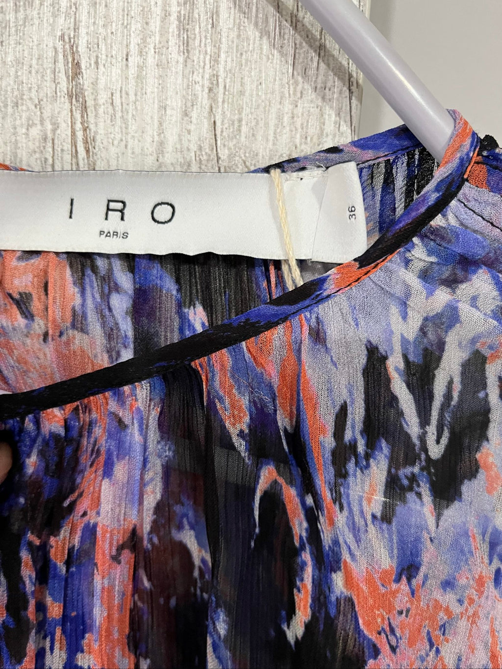 IRO sheer blouse multi-colour abstract print with puffed sleeves and ruffle detailing.