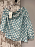 RALF blue and white check top, elastic neckline and cuffs, cotton silk blend.