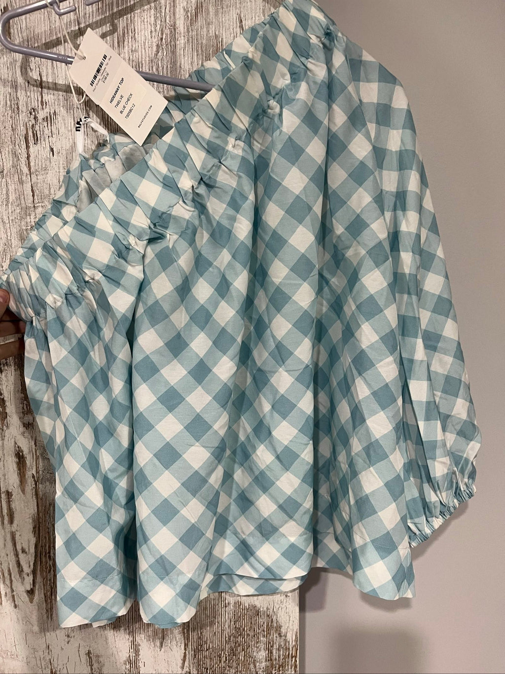 RALF blue and white check top, elastic neckline and cuffs, cotton silk blend.