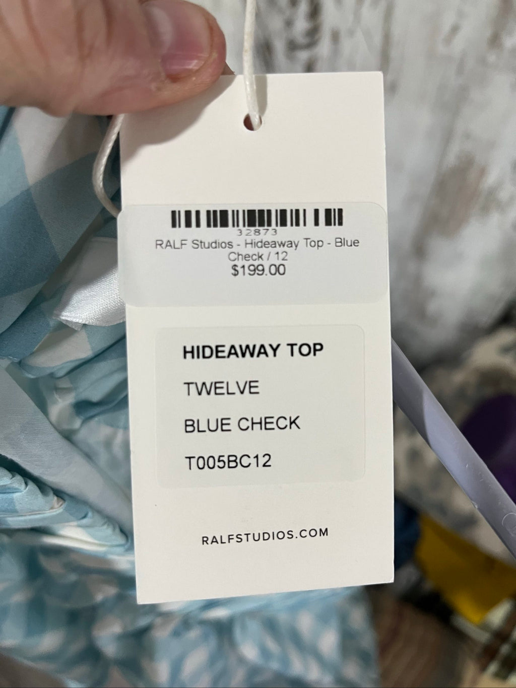 RALF blue and white check top, elastic neckline and cuffs, cotton silk blend.