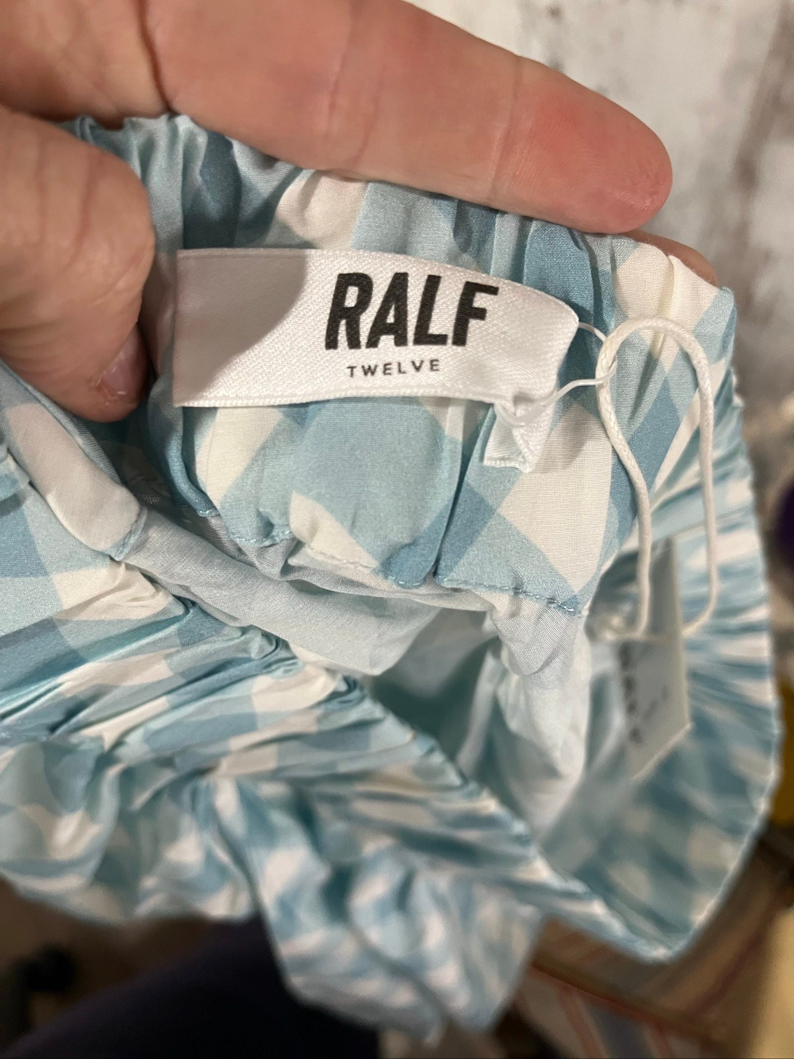 RALF blue and white check top, elastic neckline and cuffs, cotton silk blend.