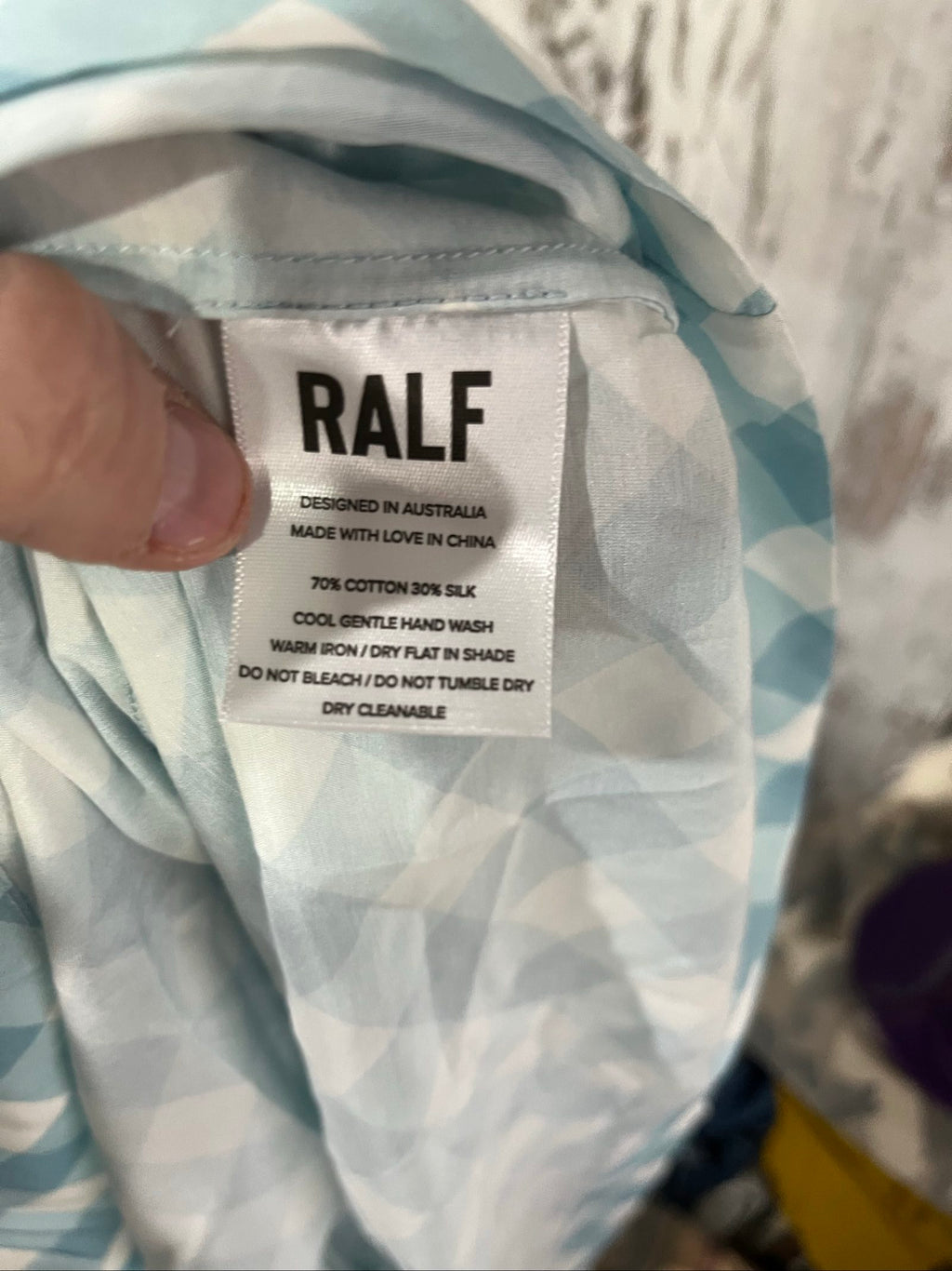 RALF blue and white check top, elastic neckline and cuffs, cotton silk blend.