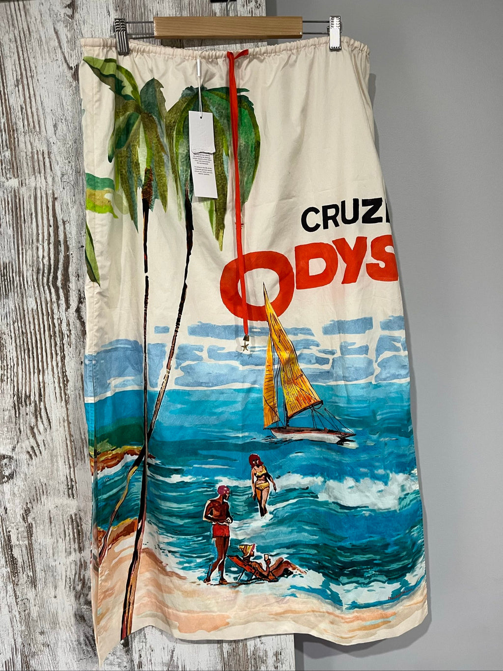 Antipodean women's vintage skirt green multi-colour print seaside scene palm trees sailboat