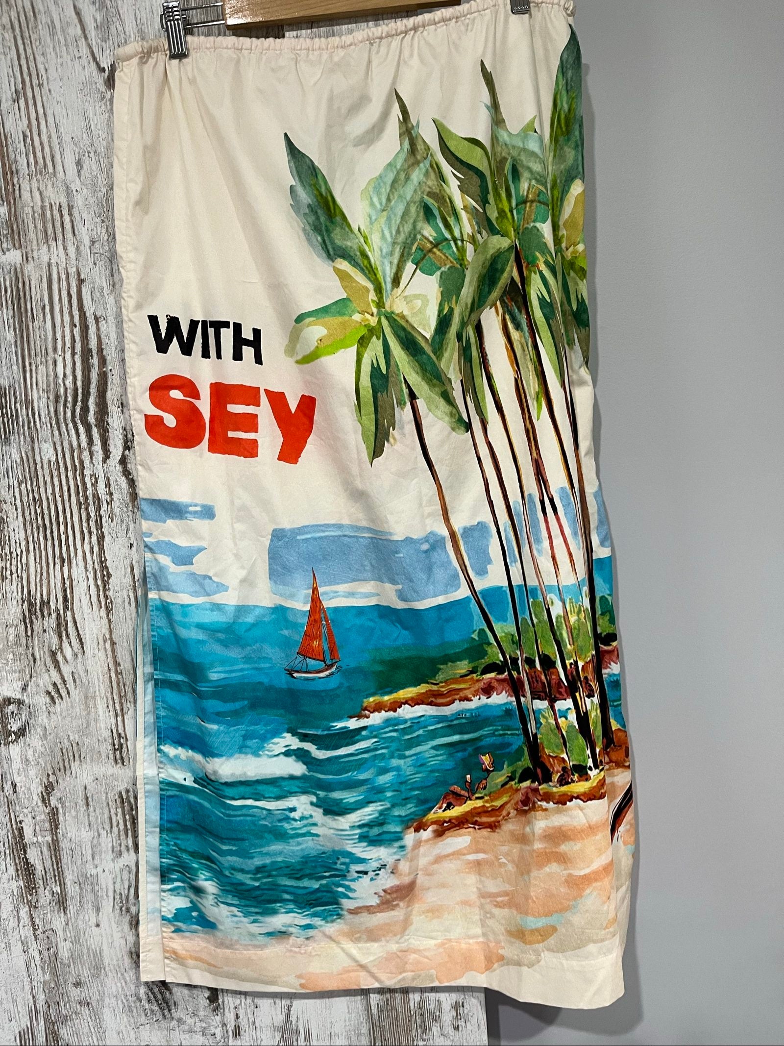 Antipodean women's vintage skirt green multi-colour print seaside scene palm trees sailboat