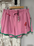 SABBI pink and green floral print casual shorts with elastic drawstring waistband and back pocket.