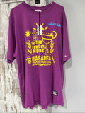 SABBI vintage graphic t-shirt purple with bold yellow front and multicoloured back print.