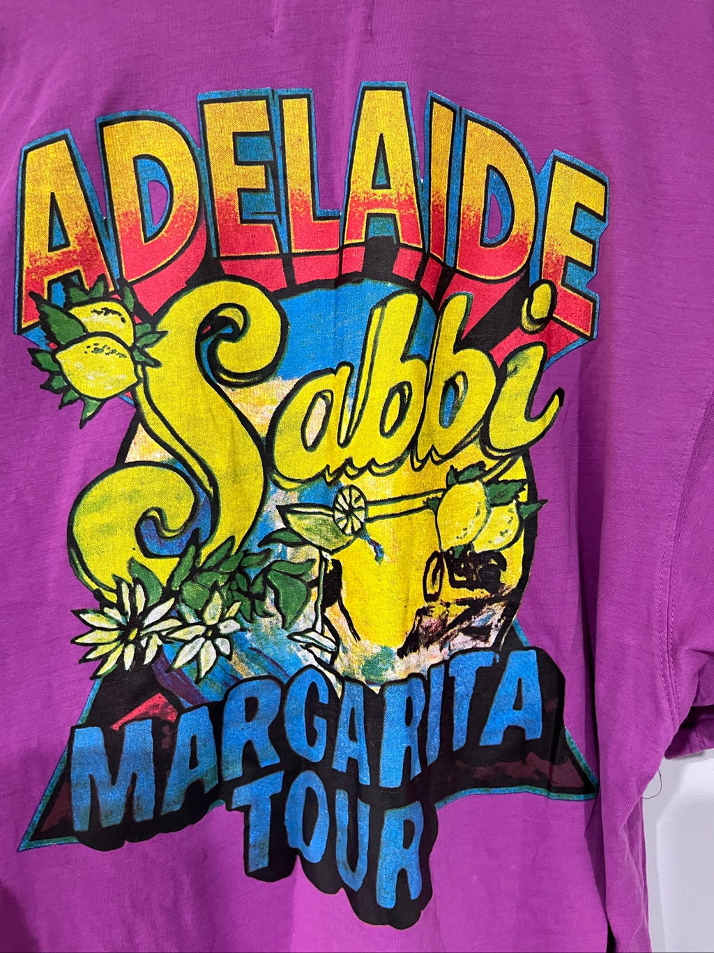 SABBI vintage graphic t-shirt purple with bold yellow front and multicoloured back print.