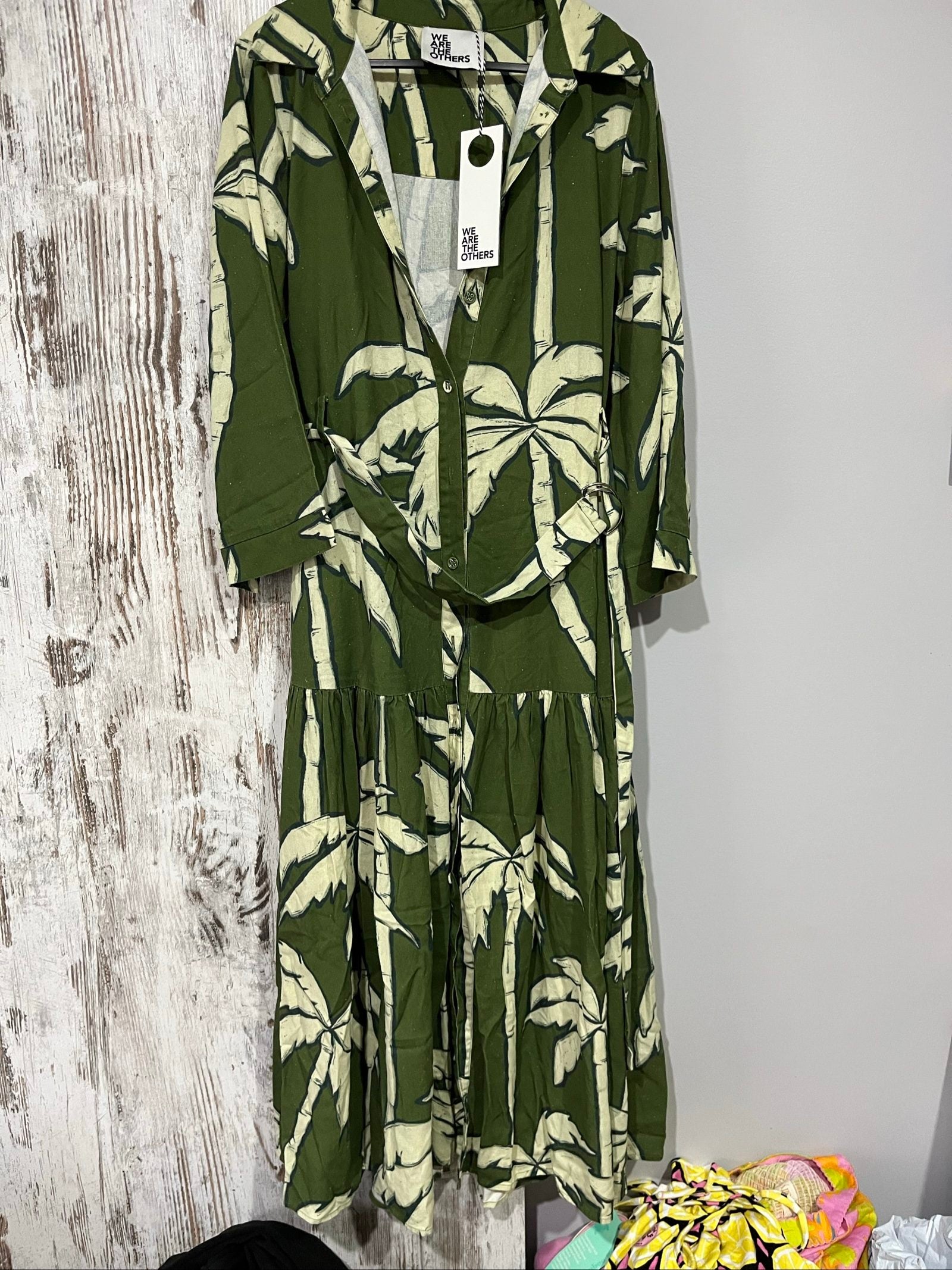 WE ARE THE OTHERS olive green and white palm print maxi dress with hood and belt.