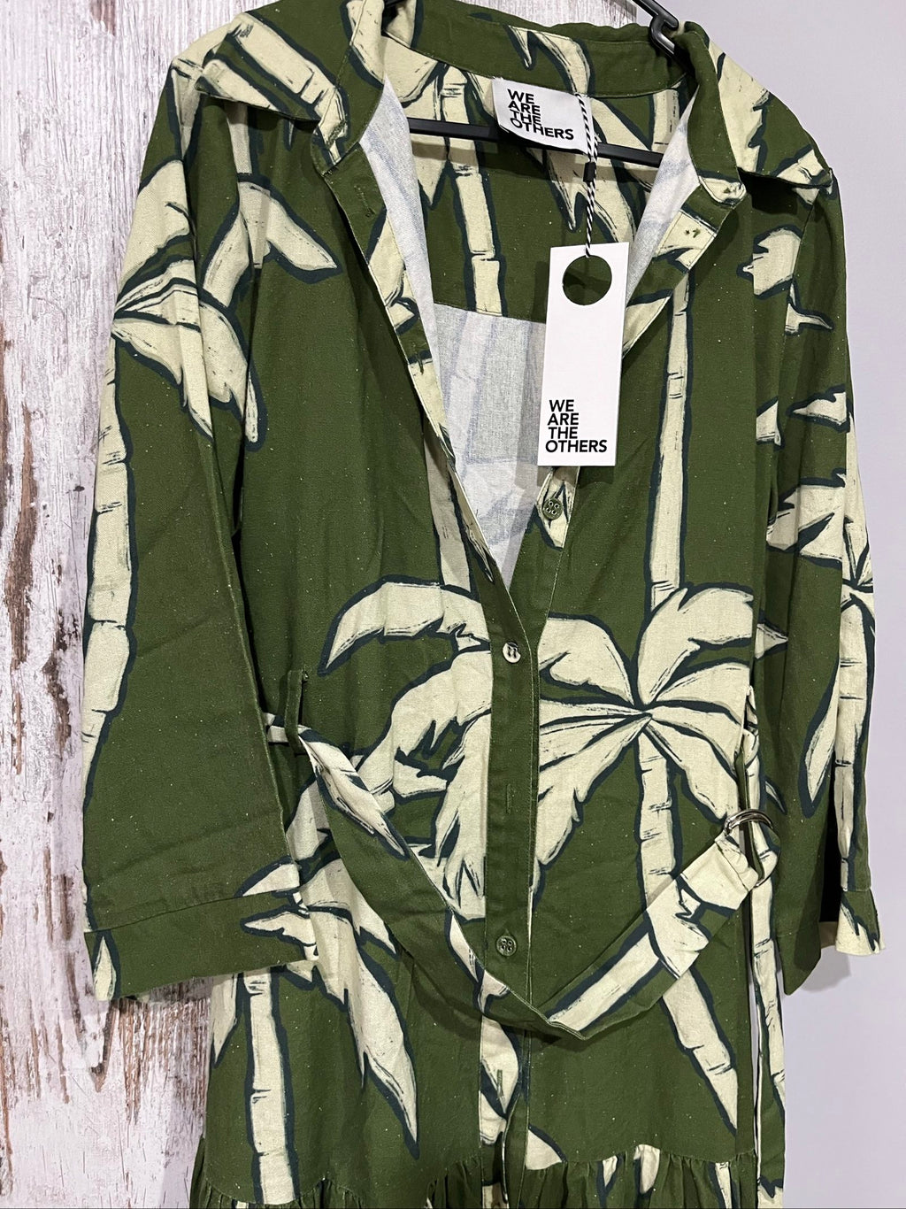 WE ARE THE OTHERS olive green and white palm print maxi dress with hood and belt.