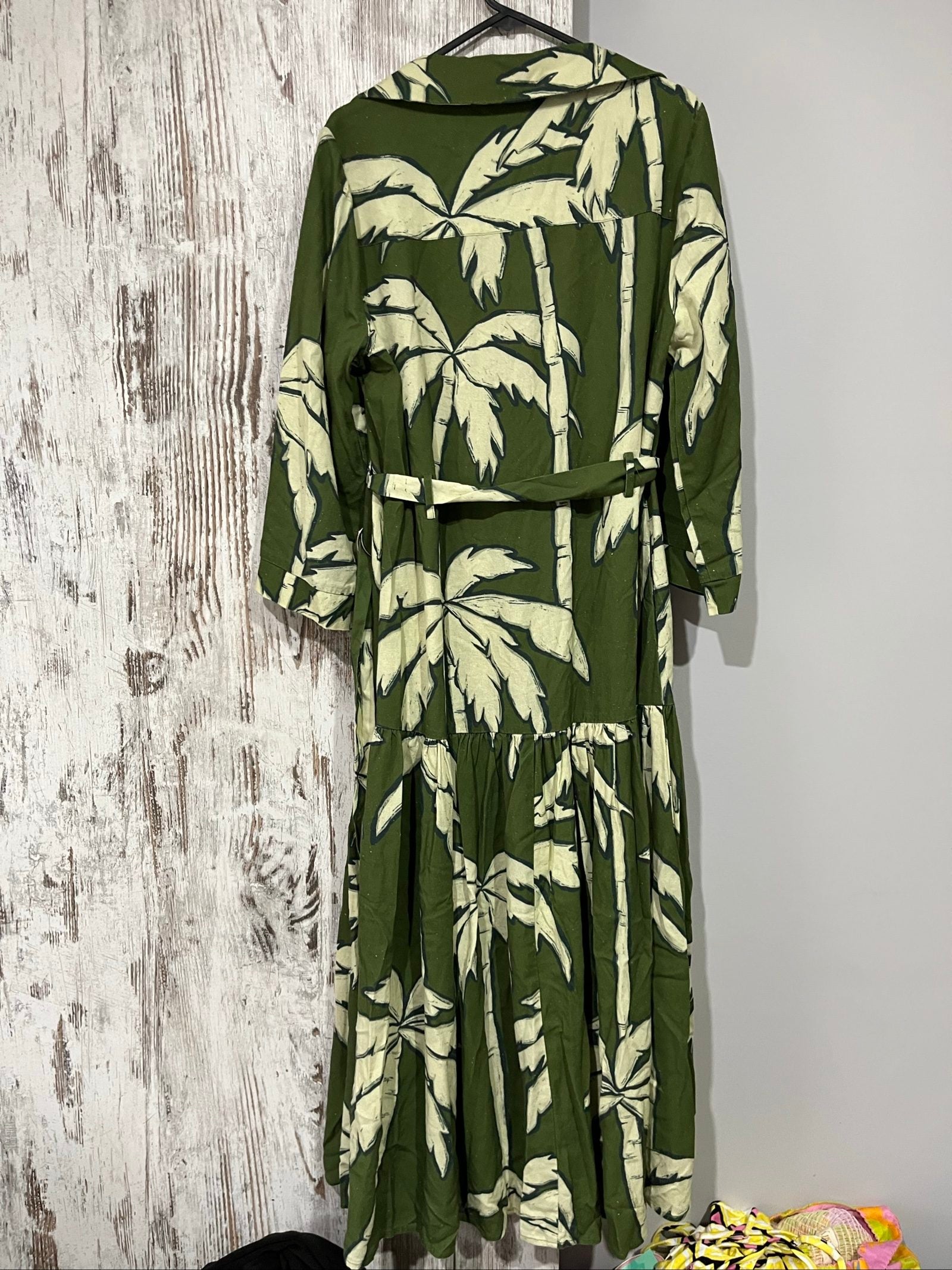 WE ARE THE OTHERS olive green and white palm print maxi dress with hood and belt.