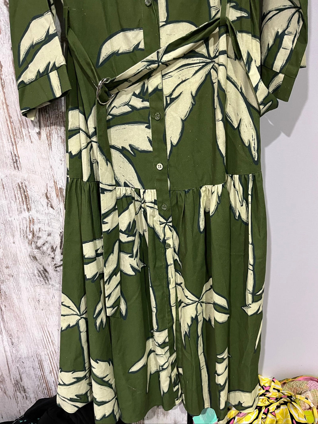WE ARE THE OTHERS olive maxi dress with cream palm print, button-down style, cotton fabric.
