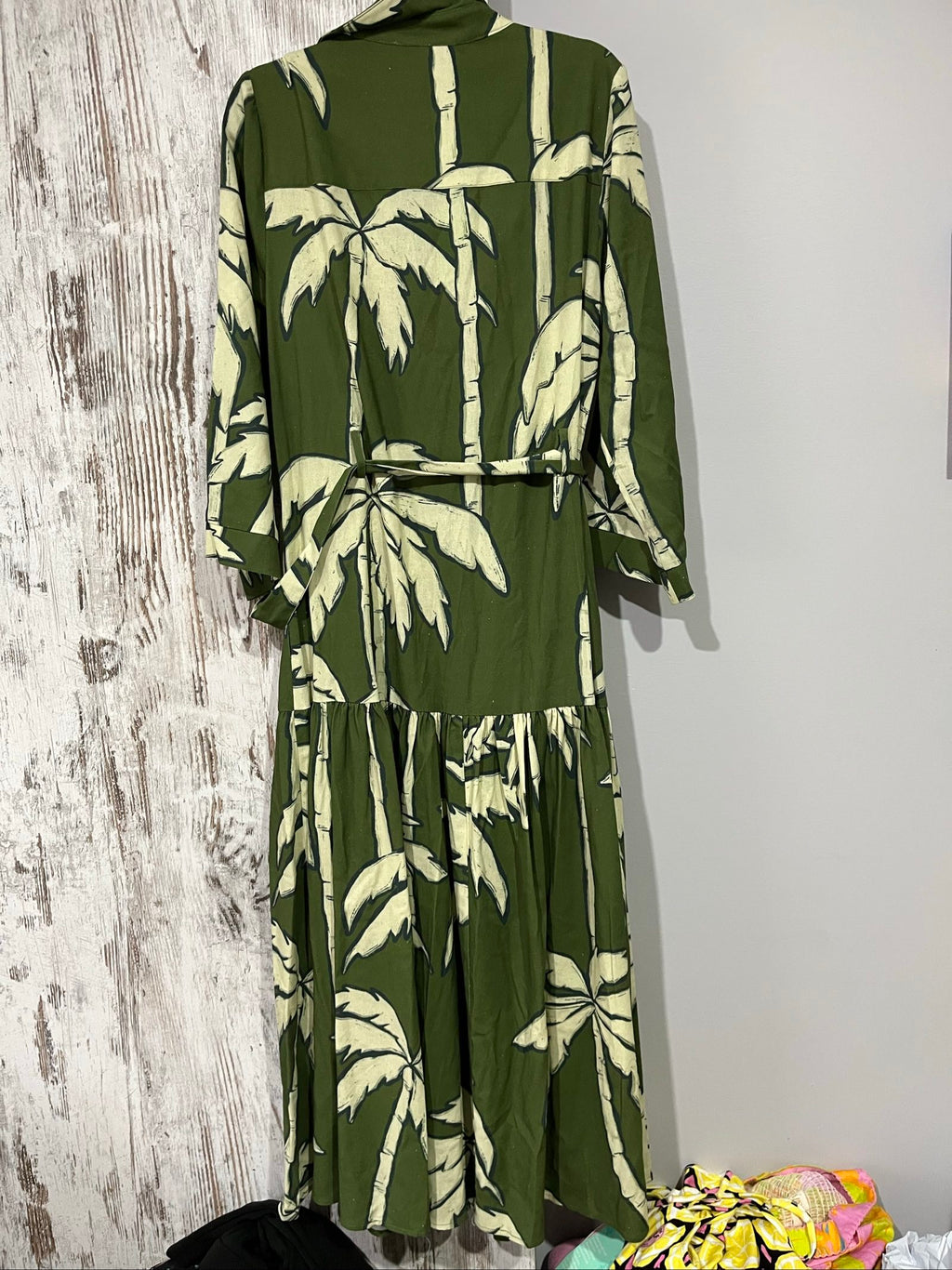 WE ARE THE OTHERS olive maxi dress with cream palm print, button-down style, cotton fabric.