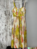 Aureta Studios multi-coloured abstract print corset dress with adjustable straps and gathered waist.