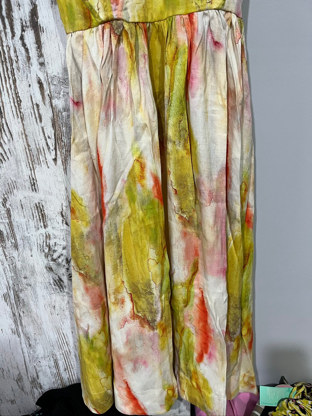Aureta Studios multi-coloured abstract print corset dress with adjustable straps and gathered waist.