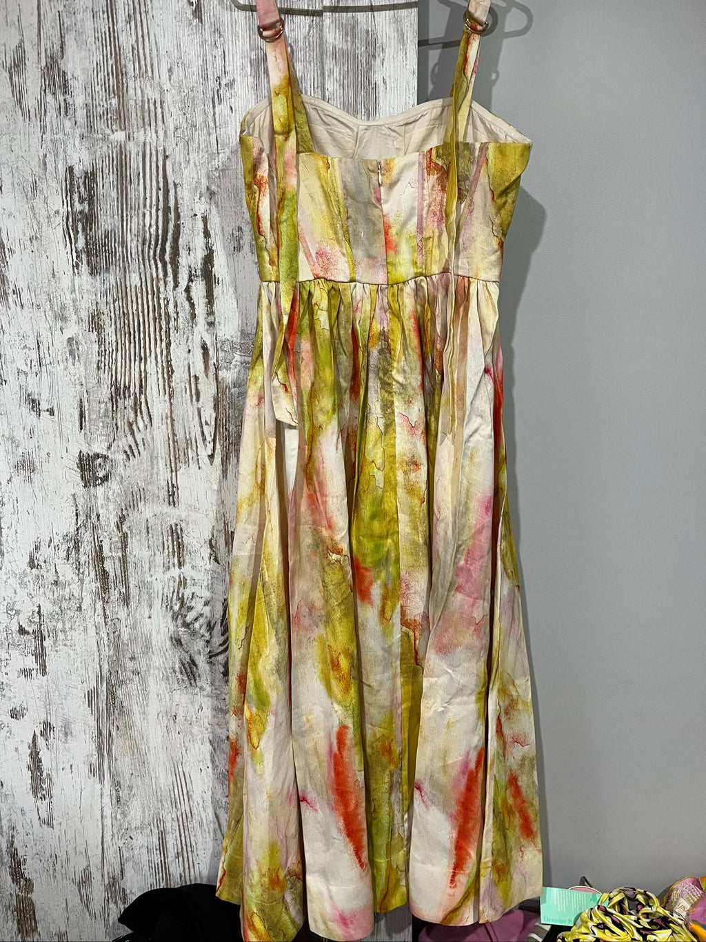 Aureta Studios multi-coloured abstract print corset dress with adjustable straps and gathered waist.