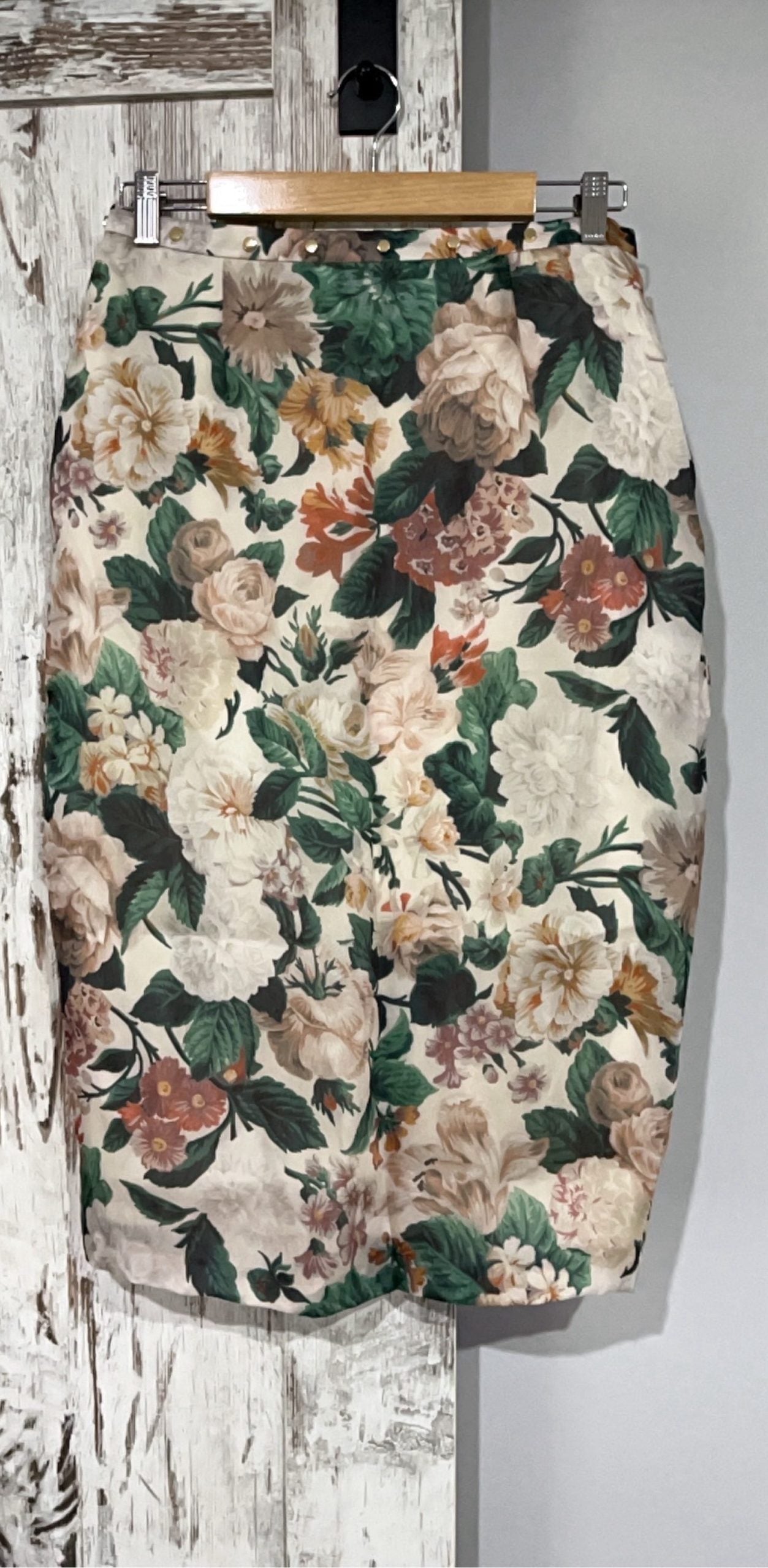 Zimmermann floral pencil skirt cream green brown silk with gold-tone stud embellishments