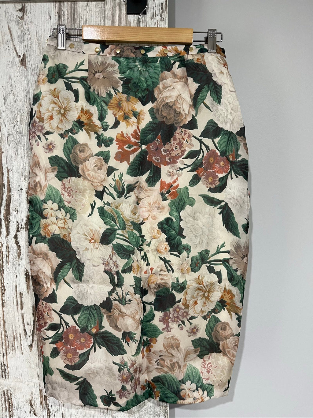 Zimmermann floral pencil skirt cream green brown silk with gold-tone stud embellishments